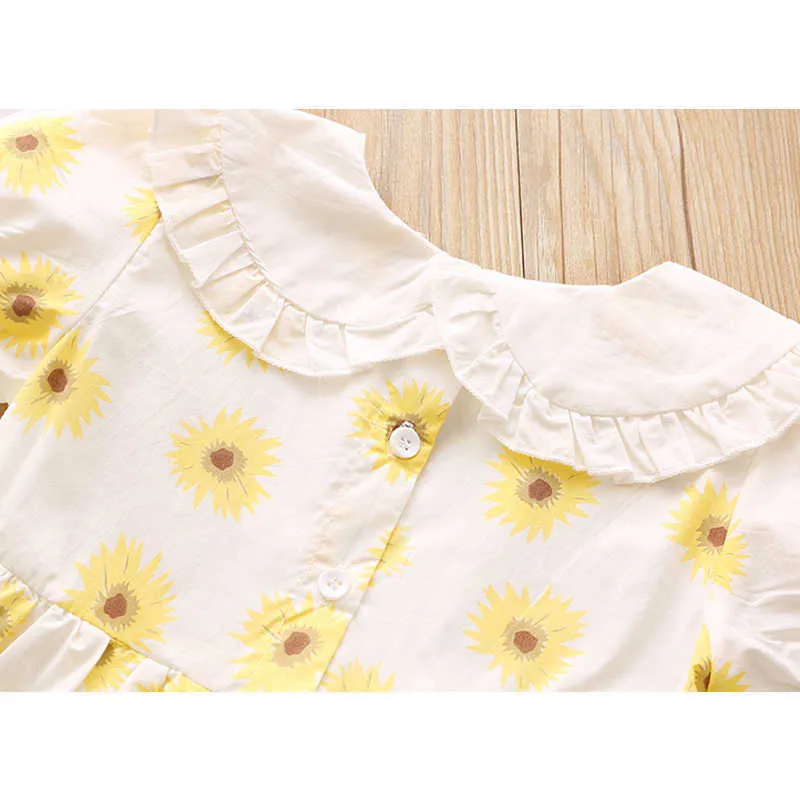 Humor Bär Mädchen Kleid Sommer Neue Puff-Hülse Sonnenblume Gedruckt Nette Kinder Prinzessin Kleid Kleinkind Kleidung Für 2-6Y q0716