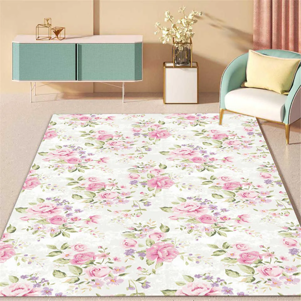 Nordic Fresh Pink Rose Pattern White Rug For Girl Room Bedroom Bedside Mat Antislip Carpet Kitchen Floor Bathroom Decor 210626