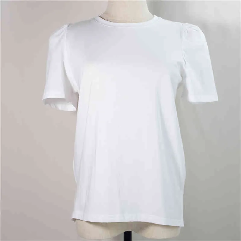 White Purple Tops Puff Short Sleeve Summer T-shirt Simple Solid Cotton Tshirt for Women Tee Shirts Clothes 10090 210417