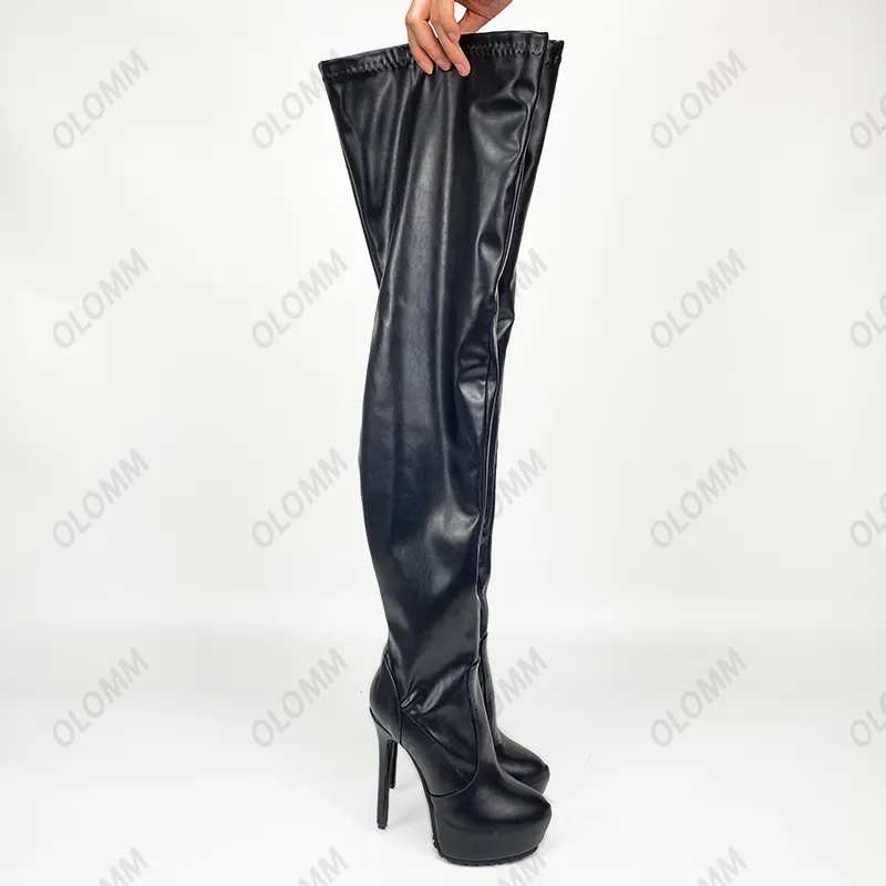 Rontic Neue Damen-Winterstiefel mit Plateau-Oberschenkel, seitlicher Reißverschluss, Stiletto-Absatz, runde Zehen, schwarze Nachtclub-Schuhe, Übergröße, US-Größe 5–20