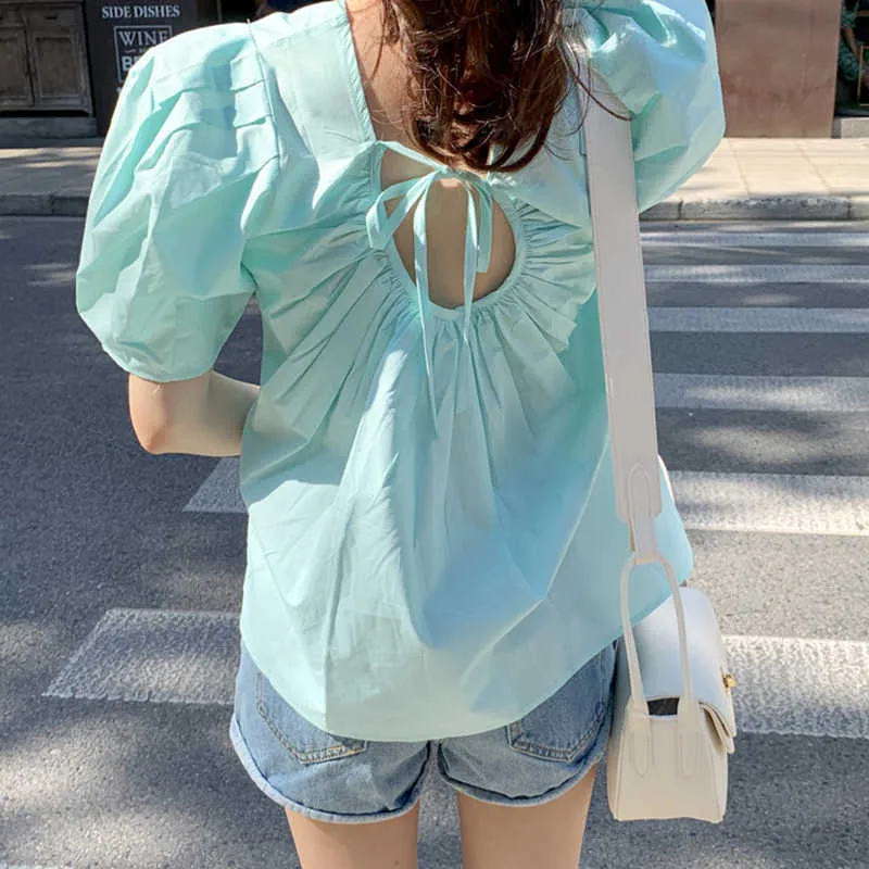 Korejpaa Women Shirt Summer Korean Chic Girl Mint Green Round Neck U-Shaped Open Back Wide Loose Pleated Puff Sleeve Blouse 210526