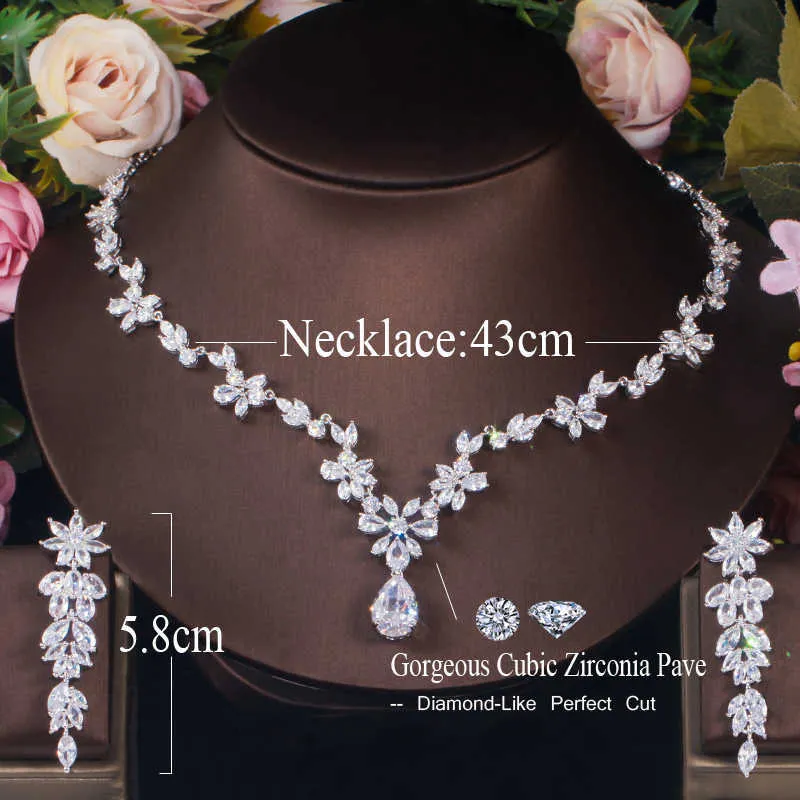 ThreeGraces Elegant Leaf Flower Drop CZ Women Party Costume Jewelry Sets Trendy Bridal Wedding Necklace Earrings TZ541 H1022