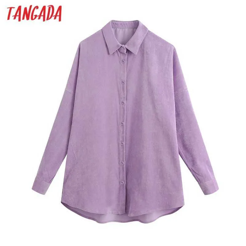 Tangada donna casual viola oversize camicia di velluto a coste camicetta autunno inverno camicia stile fidanzato top BE927 210609