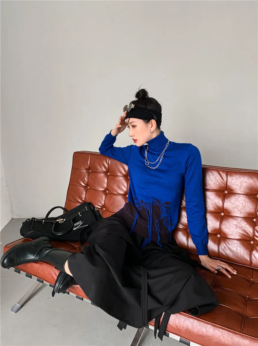 Pulls à col roulé pour femmes mode bleu pull à manches longues pull à franges hiver chaud tricoté tricots 210427