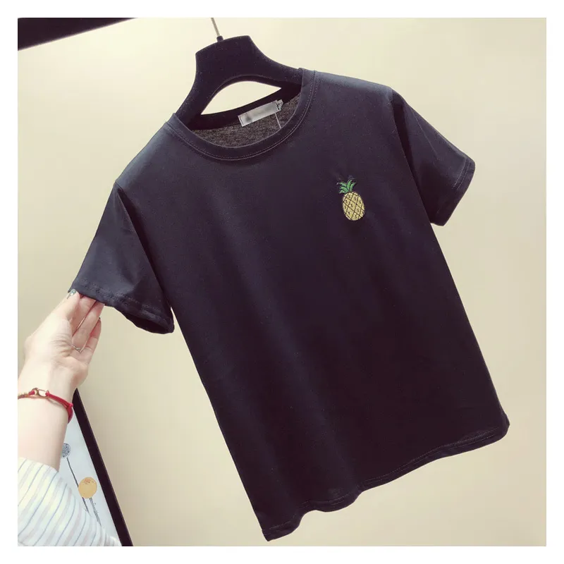 Mode d'été Femmes Casual Ananas Motif Manches Courtes Coton T-Shirt Étudiants Pull Tee Top 210428