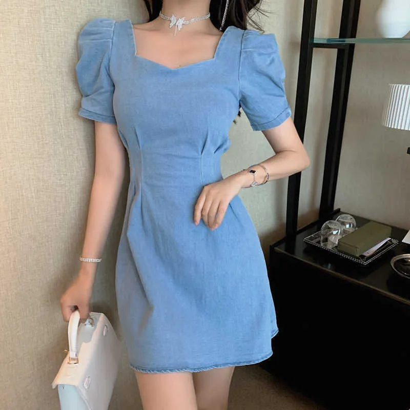 Summer Retro Denim Dress Korean A-line Puff Sleeve Solid Elegant Slim Short 210531