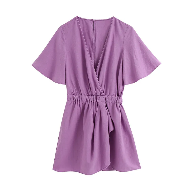 Sexy Cross V-neck Red Party Dress Elastic Waist Straight Style Mini Violet Ladies Streetwear Short Sleeve 210430