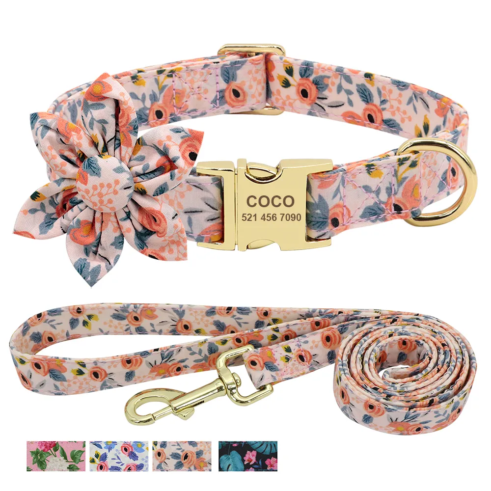 Individuell graviertes Hundehalsband mit Leine. Bedrucktes Hunde-ID-Halsband aus Nylon zum Spazierengehen mit kleinen, mittelgroßen bis großen Hundeblumen-Accessoires