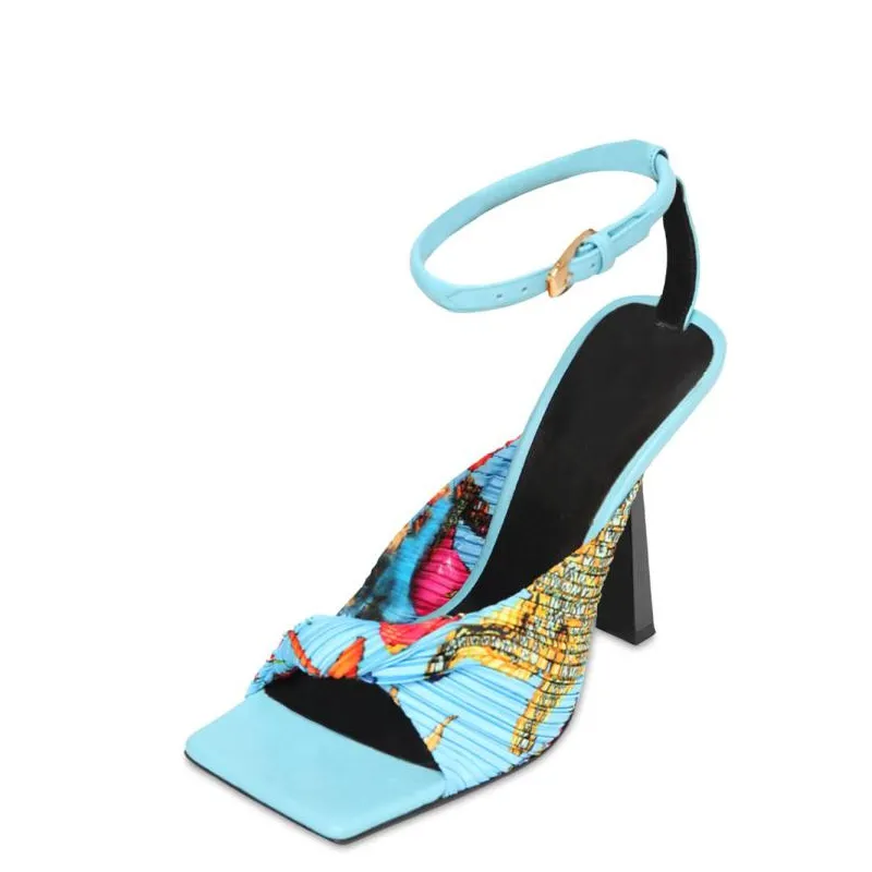 Square Open tToe Sandali estivi Scarpe da festa sexy Donna Catwalk Strani tacchi sottili T-Strap Colorati Graffiti Tacchi Large Size 44