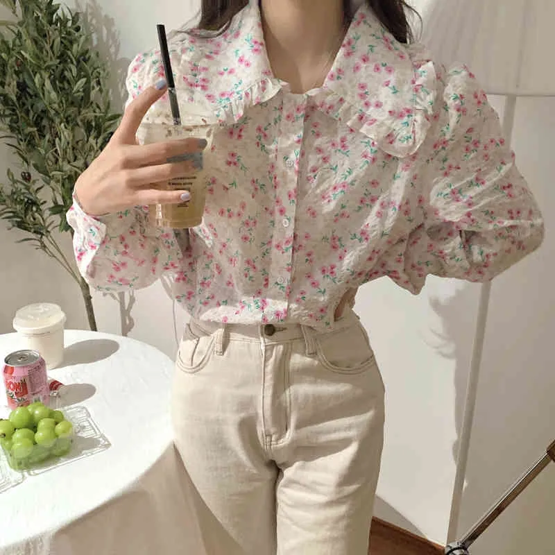 Печатные флоры женские женщины плиссированные элегантные моды офис леди корейский шик блузки сладкие свободные рубашки 210421