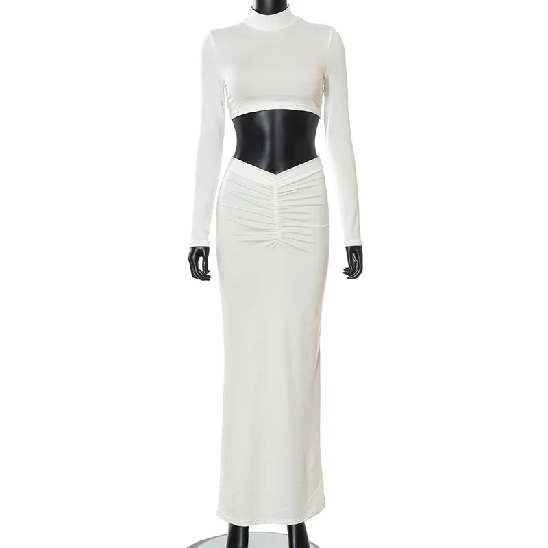 Y-L femmes automne Maxi jupe deux pièces ensemble élégant blanc à manches longues hauts courts et ruché crayon jupes fête Clubwear 220302