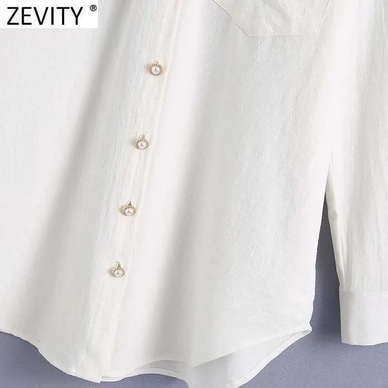 Zevenity Spring Dames Vintage Dubbele Zakken Pearl Knoppen Smock Blouse Office Dames Breasted Shirts ChiCh Blusas Tops LS7509 210603