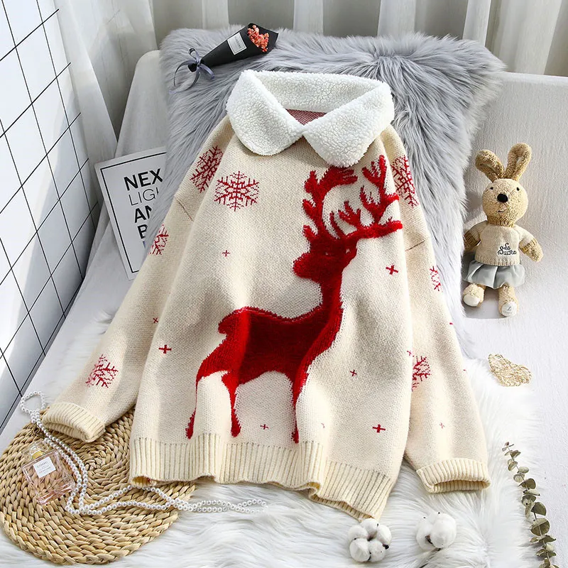 H.sa Зимняя женщина пуловер и отключить ошейники мультфильм милые рождественские свитеры олень негабаритные джемпер 210417