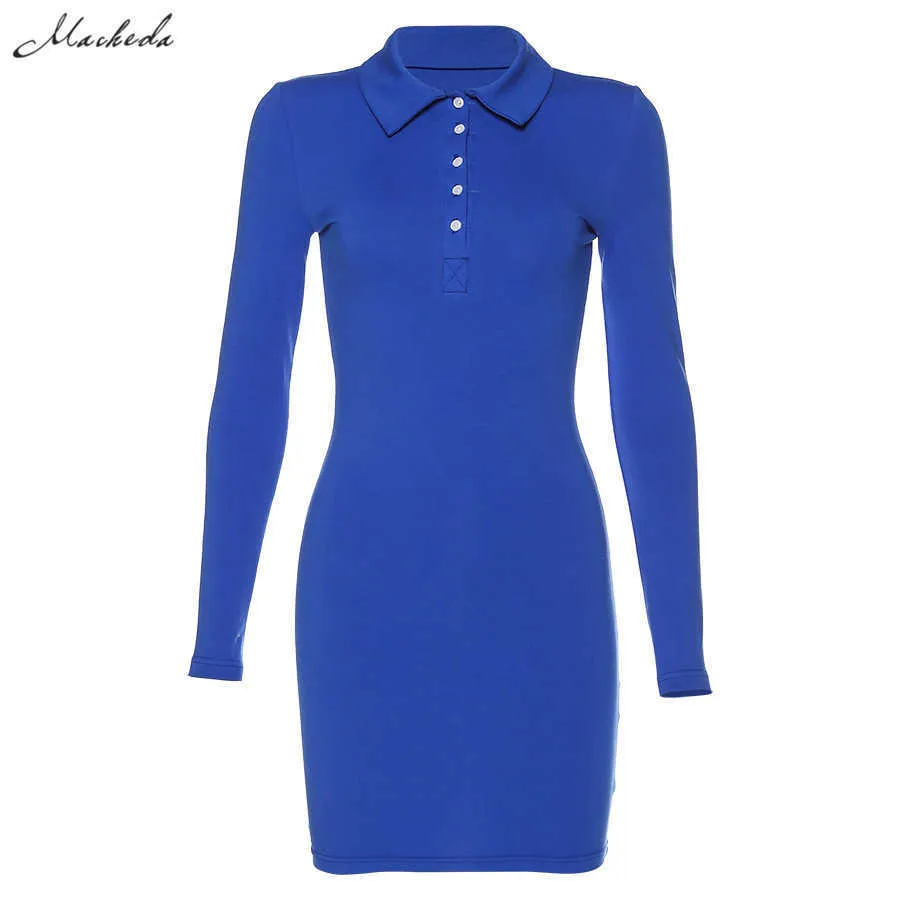 Shestyle Fashion Polo Collar Blue Dress Women Slim Sheath Button Långärmad Svart Mini Solid Lady Outfit Spring New Y0823