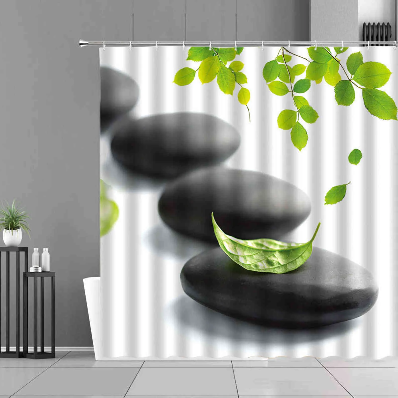 Green Bamboo Plants Leaf Shower Curtains Zen Stone Flower Landscape For Home Bathroom Decor Waterproof Curtain Background Cloth 211116