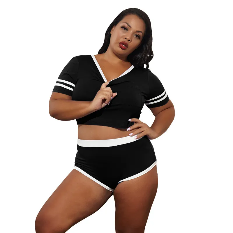 Wholesale Plus Size Clothing S-5XL Two Piece Sets Womens Outfits Short Sleeve Slim-Fit Top And Biker Shorts Tracksuits 210525