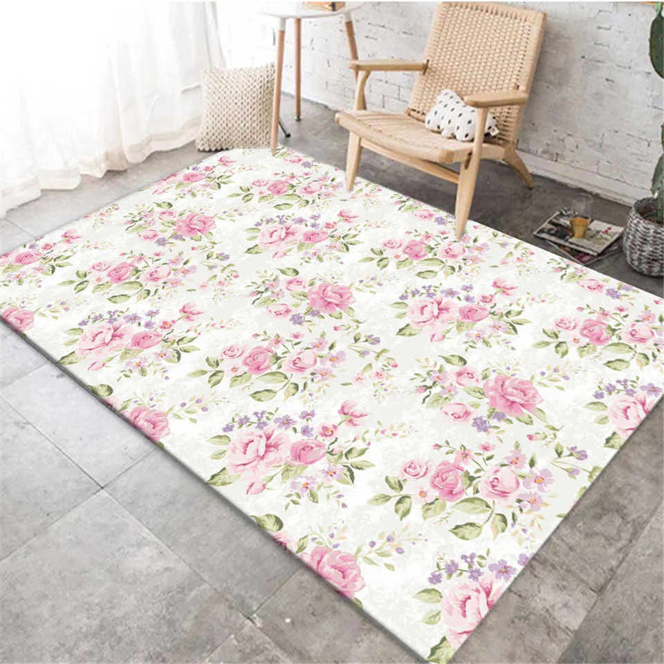 Nordic Fresh Pink Rose Pattern White Rug For Girl Room Bedroom Bedside Mat Antislip Carpet Kitchen Floor Bathroom Decor 210626