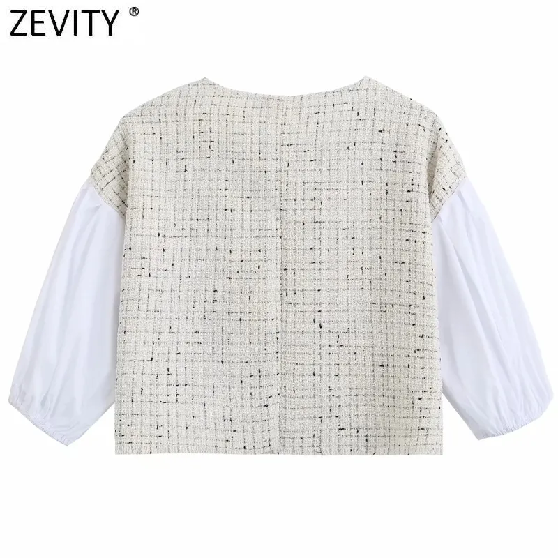 Kvinnor Vintage Lantern Sleeve Patchwork Casual Tweed Smock Blus Kvinna O Neck Hem Tassel Skjorta Chic Blusas Tops LS9052 210420