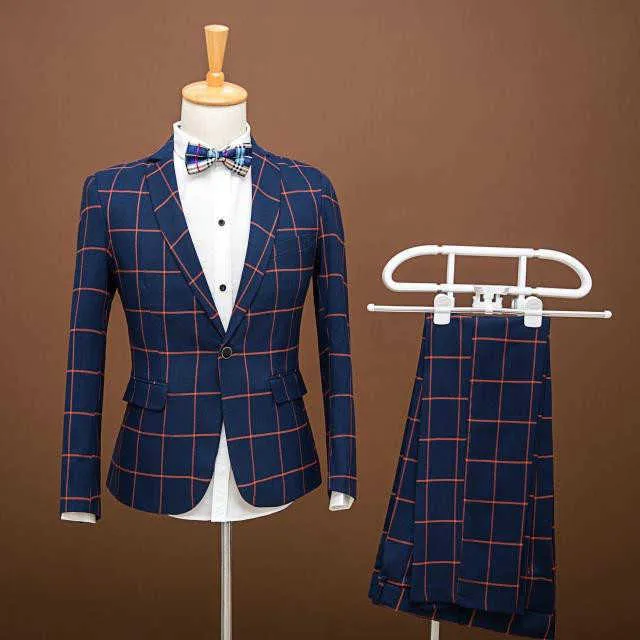 Navy Blue Slim Fit Plaid Suit Men Notch Lapel Business Formal Dress Suits For Men Fashion Terno Masculino Su X0909