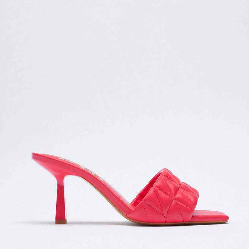 Slippers حجم كبير الصيف الجديد مبطن نساء عالي الكعب الصنادل Ladeis Pink Green Heels Shoes 1121