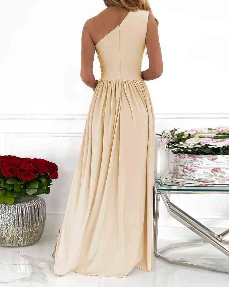 Women Party Bridesmaids Long Dress Hollow Out Sleeveless Solid Color Maxi Club Dress One Shoulder High Split Dress Robe Femme Y1204