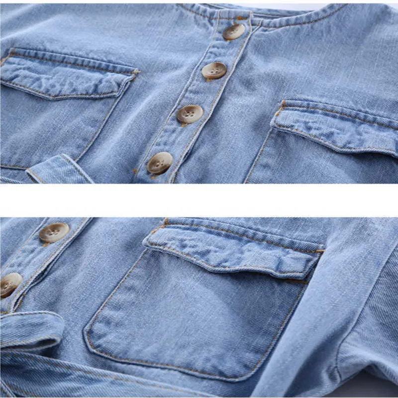 Zomer tieners meisje jurk denim blauwe kleuren grote zakken knop met riem kinderkleding E121 210610