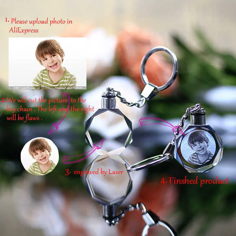 Custom Po Couple Family Souvenir Gift Laser Carve Crystal Keychain Po Colorful LED Light Key Chain sleutelhanger chaveiros G7146892