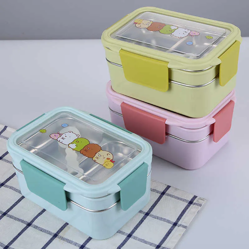 Bärbar rostfritt stål lunchlåda Dubbelskikt Tecknad matbehållare Box Mikrovågsugn Bento Box för barn Barn Picnic School 210925