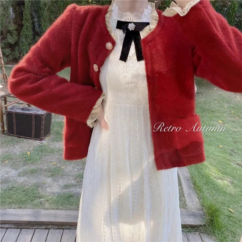Vintage Dress Women French Elegant Lace Midi Dress Female Sweet Bow Casual Long Sleeve Dress Korean Spring Chic 210521