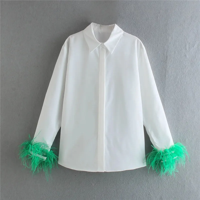 트래프 ZAR 화이트 셔츠 여자 긴 소매 녹색 깃털 탑 파티 우아한 여성 블라우스 패션 collared 단추 여성 셔츠 220223