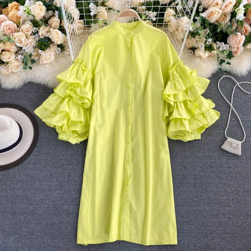 Frauen Chic Solide Kleid Herbst Design Cascading Rüschen Hülse Taste Vestidos Koreanische Beiläufige Lose Streetwear Kleid 210419