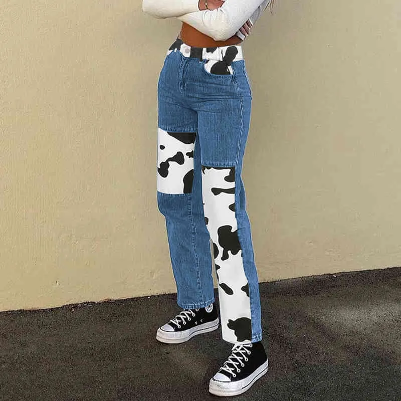Druk Krowa Mleko Proste Y2K Dżinsy Dla Dziewczyn Kobiet Łatlone Kobiety Vintage Dżinsowe Spodnie High Paisted Spodnie Capris Streetwear 210510