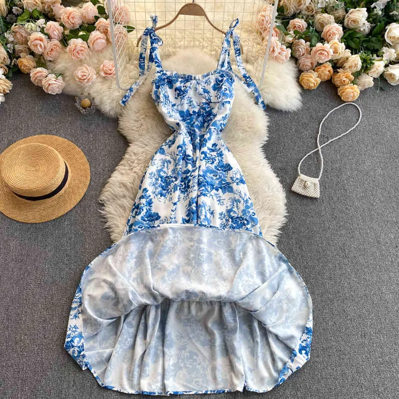 FTLLZ Verano Mujeres Sexy Spaghetti Strap Mini vestido sin tirantes Casual Bow Ruffled Floral Print Slim Beach Blue 210423