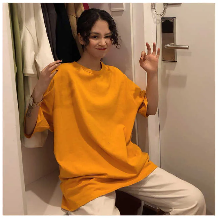 Oversize Teeシャツ7ソリッドカラー基本Tシャツ女性カジュアル原宿夏ロングトップス韓国人ヒップスターホワイトT 210720
