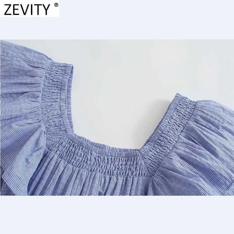Zevity Women Vintage Square Collar Paski Print Krótki Bluzka Smock Panie Pleat Ruffles Casual Femininas Koszula Chic Topy LS9301 210603
