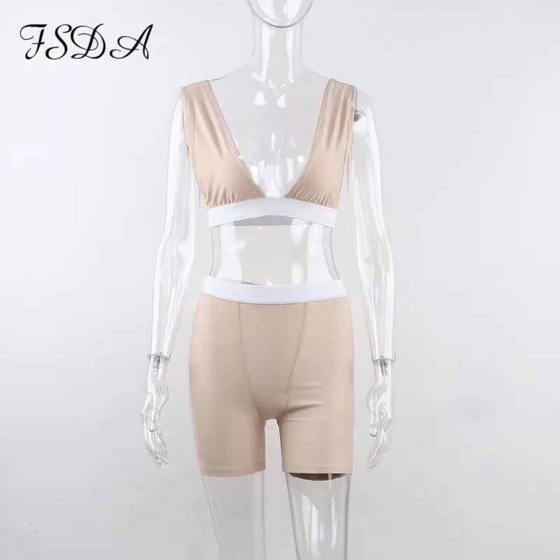 FSDA V Neck Sport Kvinnor Set Sommar 2020 Crop Top Ärmlös Baklösa och Biker Shorts Mini Svart Två Piece Set Hem Khaki Outfit x0428