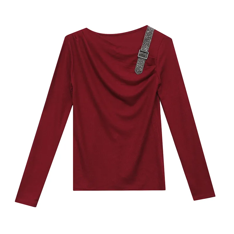 Tshirt Kobiety Solid Diamonds Buckle Slim Stretch Topy Burgundia Czarny Z Długim Rękawem Wiosna Jesień T0D515A 210421