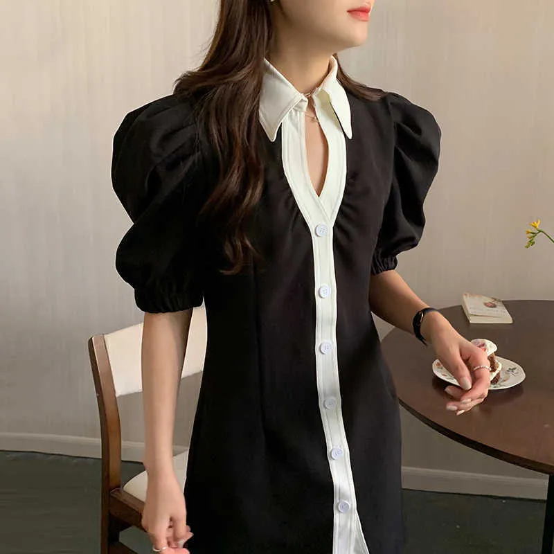 Korejpaa Frauen Kleid Sommer Korea Chic Damen Temperament Revers Kontrast Farbe Einreiher Abnehmen Puff Sleeve Vestido 210526