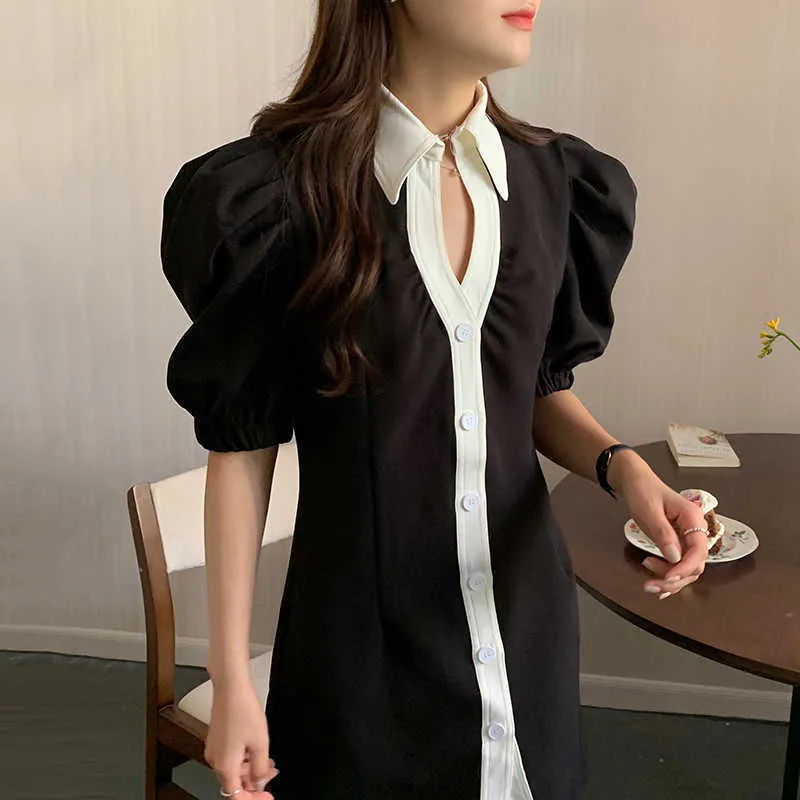Korejpaaの女性のドレス夏の韓国シックな女性の気質ラペルコントラストカラーシングルブレストスリミングパフスリーブvestido 210526