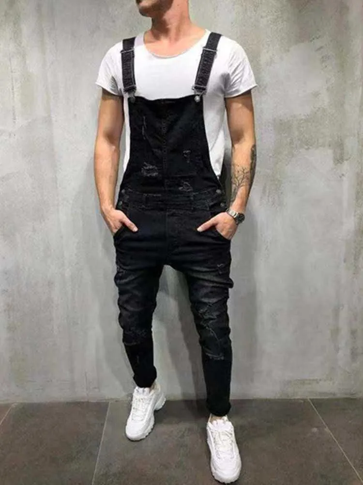 2021 Alta Qualidade dos homens Britânicos Estilo Denim Bib Calças Completo de Comprimento Jumpsuits Hip Hop Rasgado Jeans Jeans Macacões para Homens Streetwear X0621