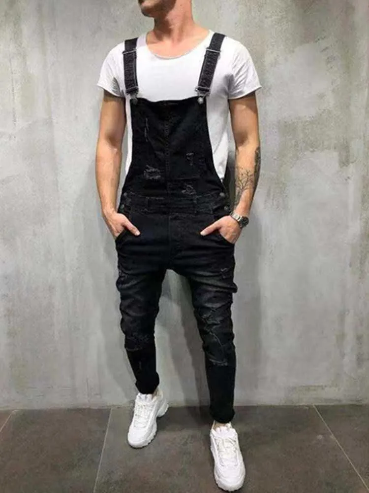 2021 Wysokiej jakości męskie spodnie dżinsowe dżinsowe spodnie Dżinsowe Jumpsuits Hip Hop Ripped Dżinsy kombinezonowe dla mężczyzn Streetwear 285G