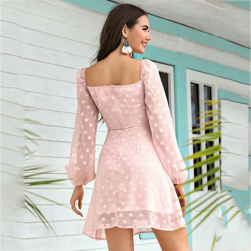 Foridol Vinatge Polka Dot Rosa Chiffon Party Dress Sheer Manga Longa Lace Up Elegante Curto Inverno Vestido Vestidos de Fiesta 210415