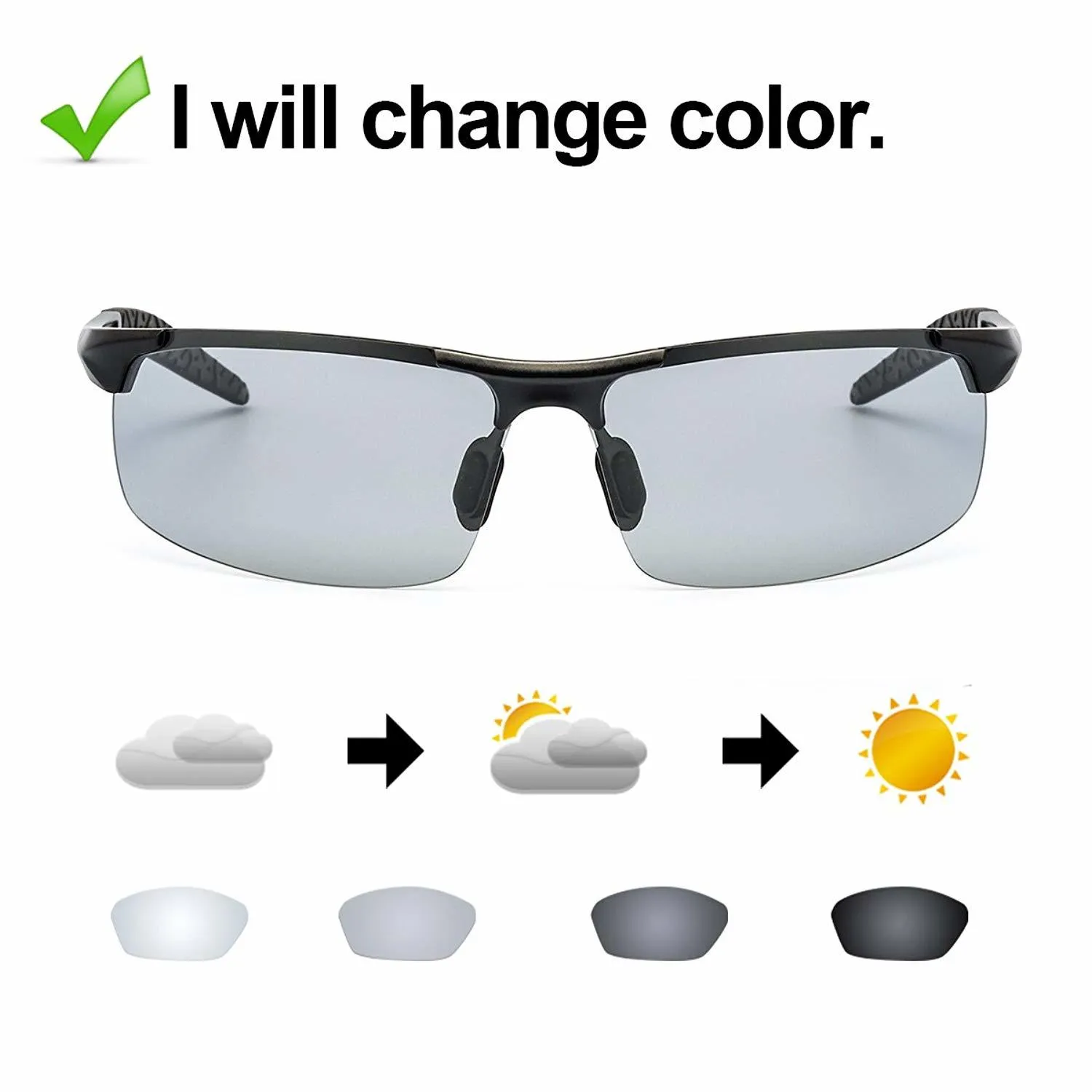 2019 Pochromic Polarized Semi-Rimless Sunglasses Driver Rider Sports Goggle Chameleon Change color Glasses Men Women 8177