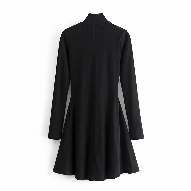 Весна платье черный ребристый ZIP короткие ES женщин повседневная высокая шея длинные рукава женщины мода улица 210519