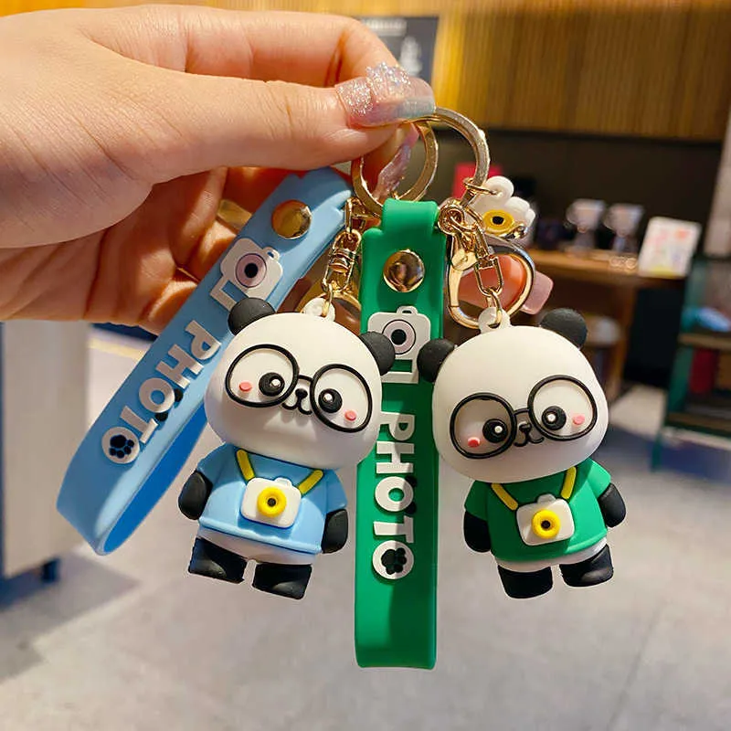 Mignon dessin animé caméra Panda porte-clés Silicone lunettes Panda poupée porte-clés femmes Couple sac pendentif à breloque porte-clés cadeaux G1019