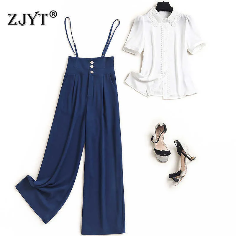 Summer Office Pants Matching Set Women Elegant Short Sleeve Lace Collar White Blouse and Trousers Suit Business Outfits 210601