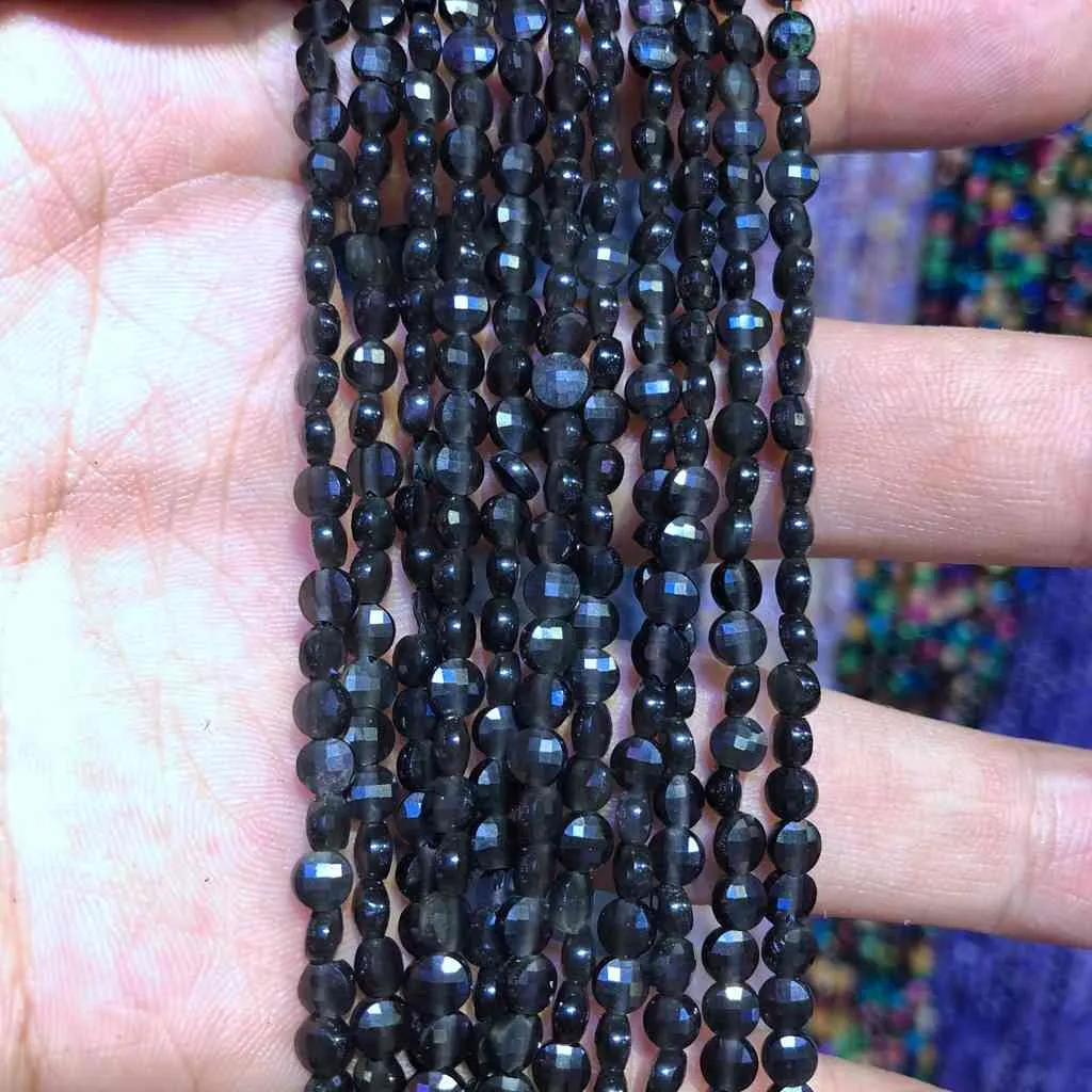 2 cordes entières d'obsidienne noire naturelle, 2x4mm, pièces de monnaie à facettes, pierres précieuses, perles en vrac pour bijoux DIY, 15.5 