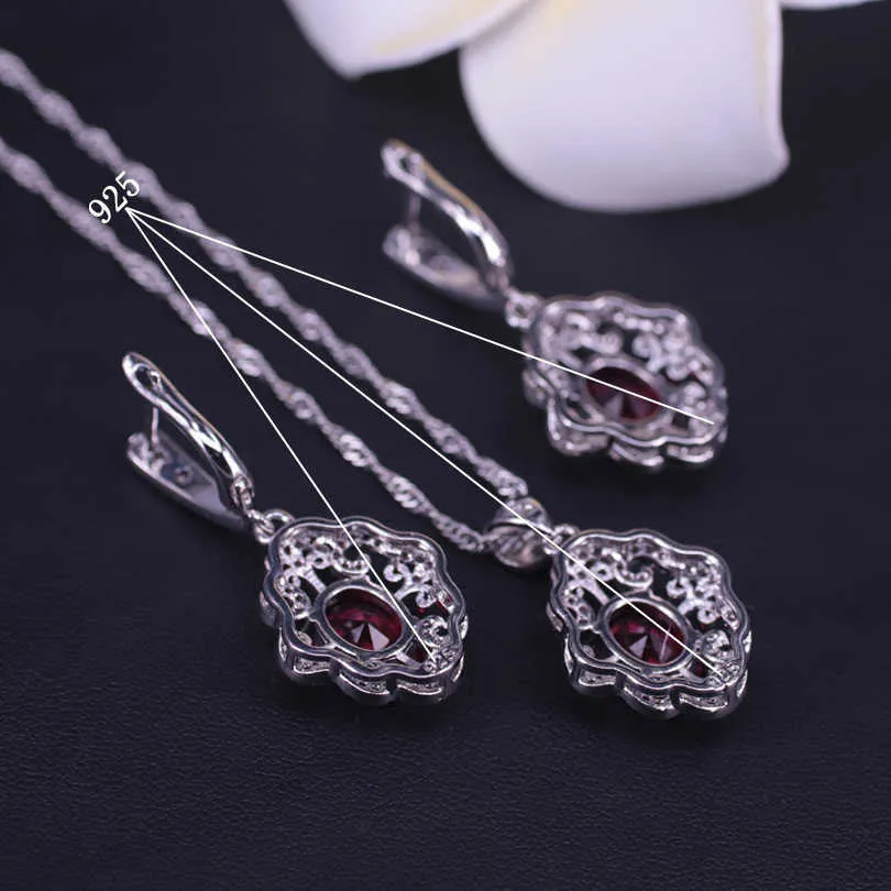 Romantic Turkish style Rose Red Crystal CZ Silver Color Jewelry Set For Women Bracelet Earrings Ring Necklace Set H1022