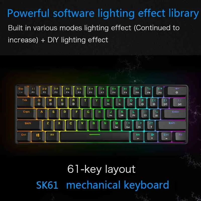 Ключ SK61 Gateron Switchs Mini Gaming USB Wired RGB LED Backlit Mechanical Keyboard Desktop