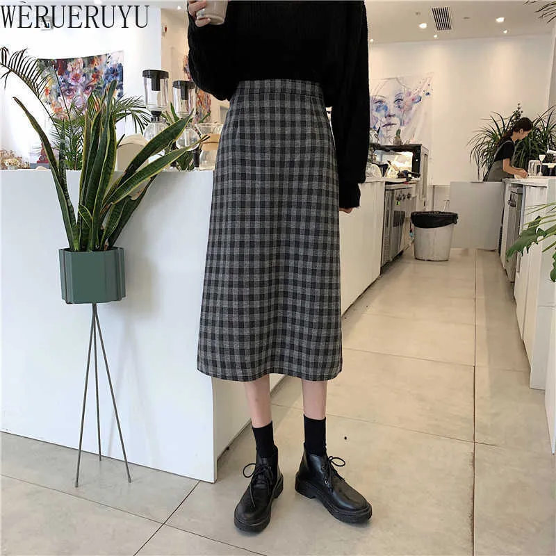 Werueruyu Woolen Kjol Kvinnor Midi Skirt Höst Vinter Tjock Varm En Linje Skirt Hög midja Plaid Sweater Kjolar 210608